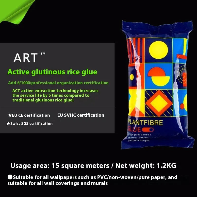 Three rolls of formaldehyde-free glutinous rice wallpaper glue on a clean surface.