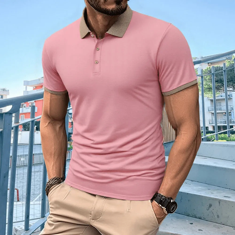 Summer polo shirt in Ice Silk fabric with printed flocking design, shown in multiple colour options