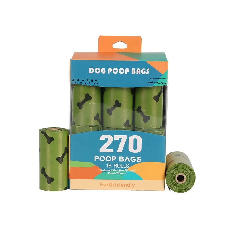 Military green degradable dog poop bags with black bone print measuring 23x33cm