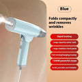 Blue handheld garment steamer with water tank and temperature control buttons