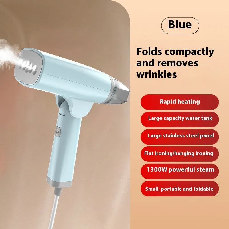 Blue handheld garment steamer with water tank and temperature control buttons