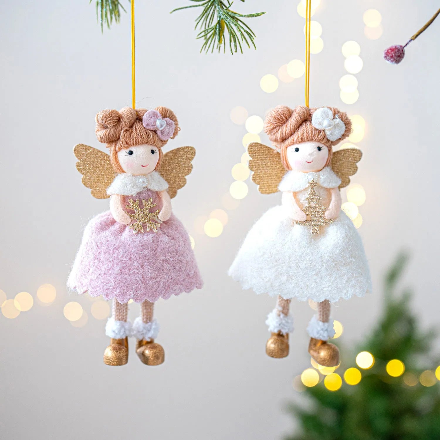 Pink and white cloth Christmas angel wings plush pendant with modern design