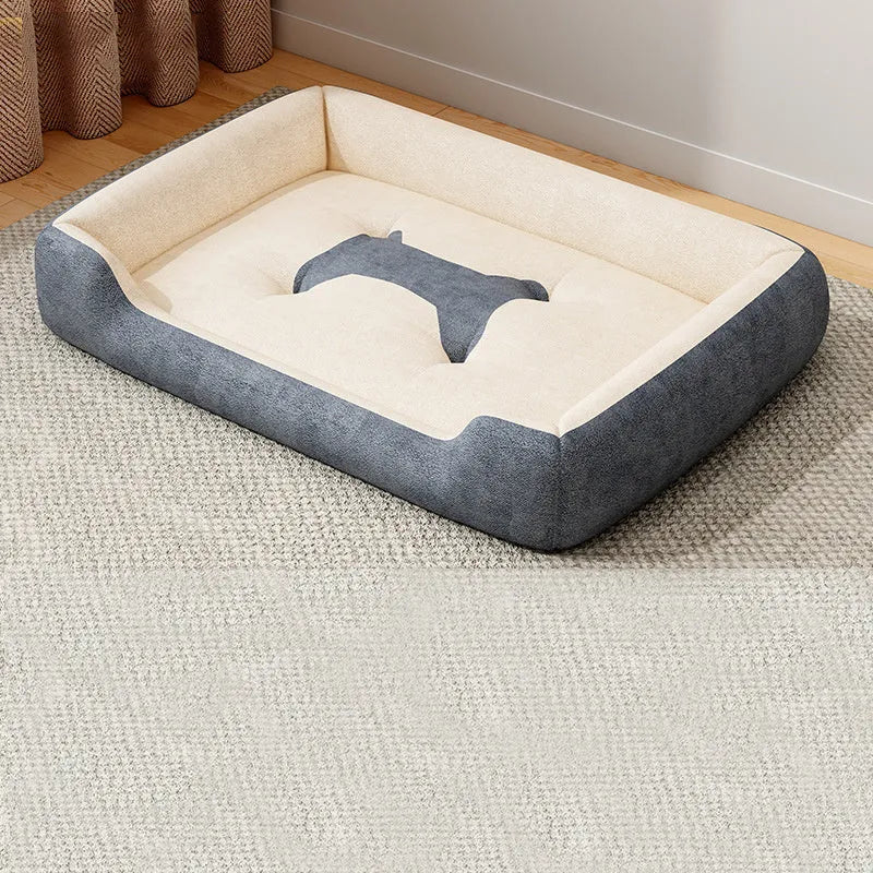 Rectangular plush pet sofa mat in grey shown with size chart showing six dimensions from 45x30cm to 90x70cm