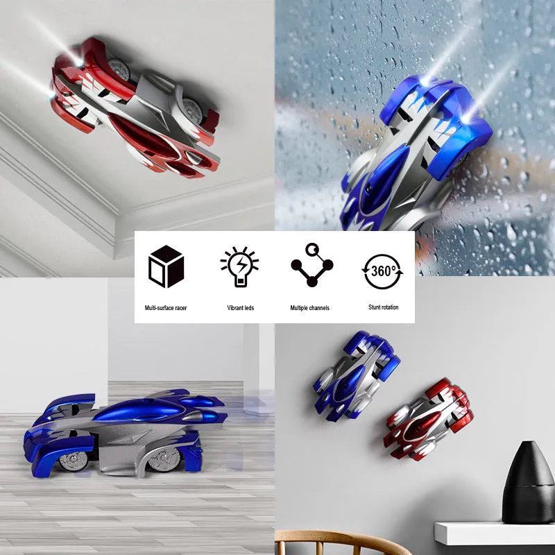 Remote control wall climbing car toy in black, blue, or red with wireless controller