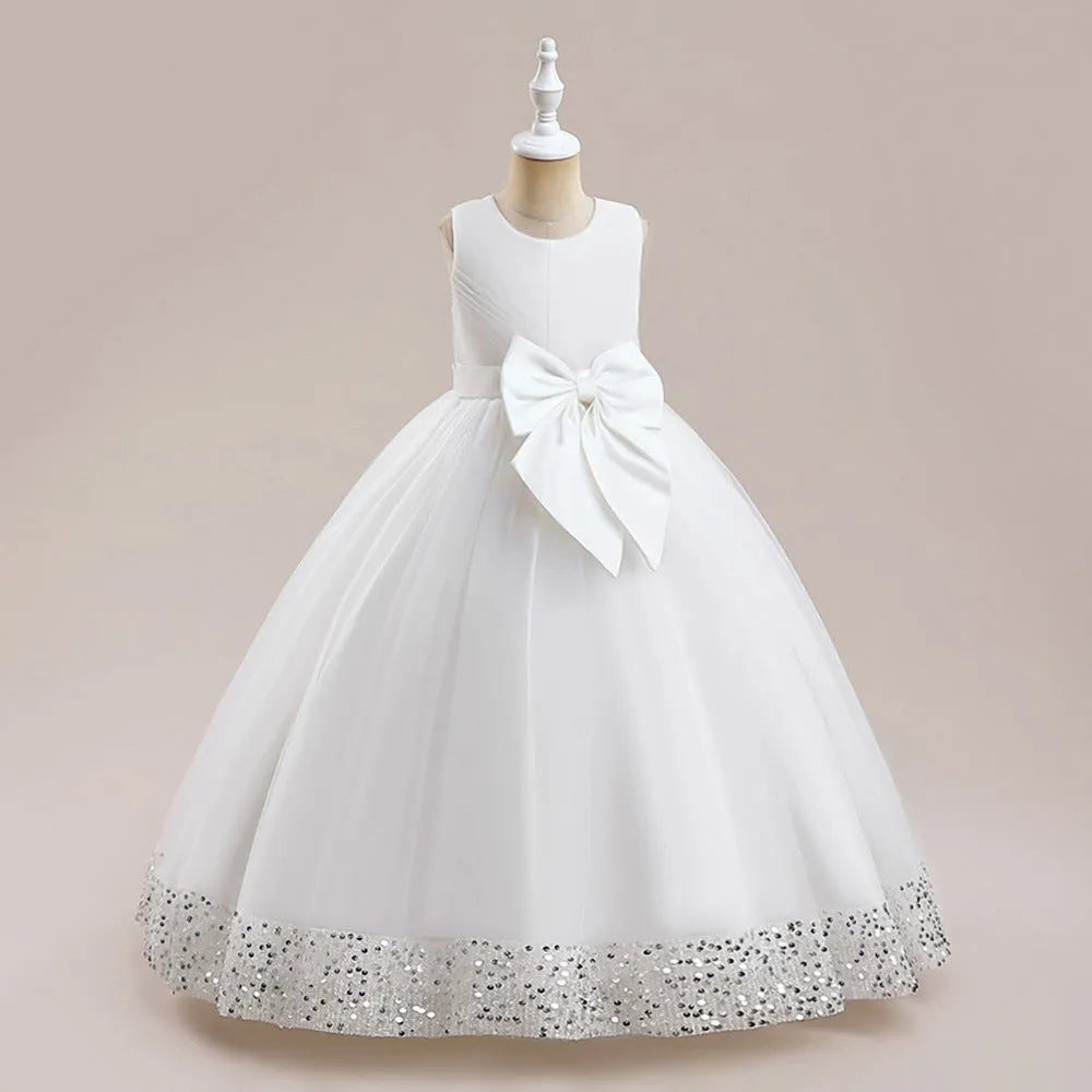 New Sequins Children's Mesh Dress in cotton blend, available in avocado green, bean pink, dark green, purplish red, and white, for girls 120-170cm height