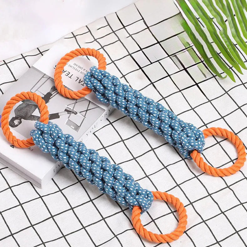 Blue cotton knot rope dog chew toy with double-ring braided bone design