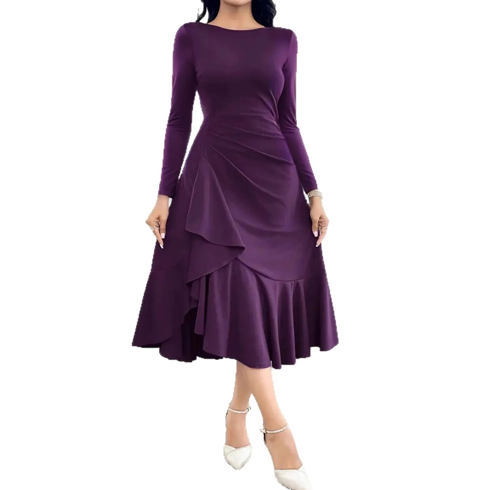 A purple women's long sleeve dress with ruffles and a round neck, shown on a hanger.
