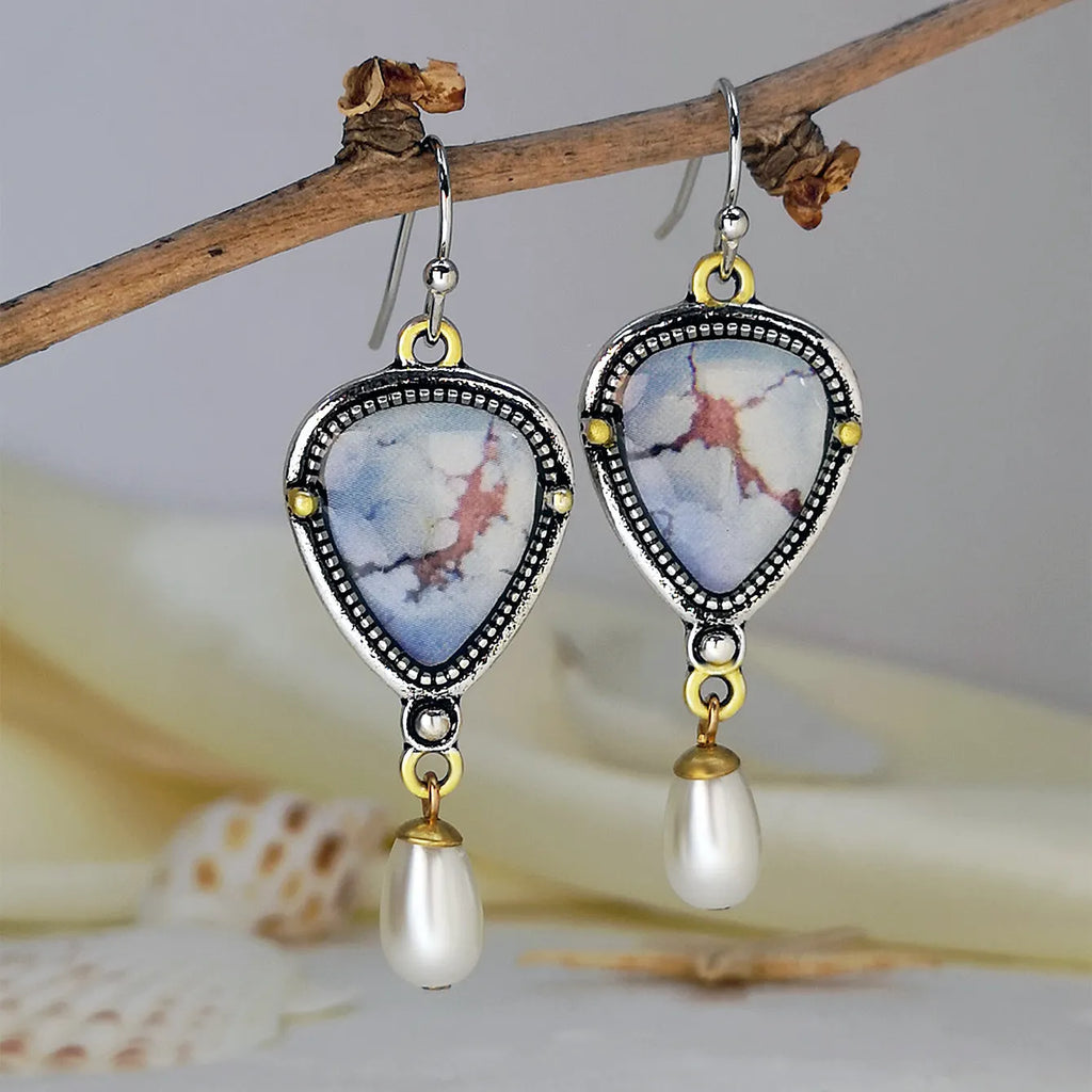 Retro blue drop earrings with synthetic opal and pearl geometric design