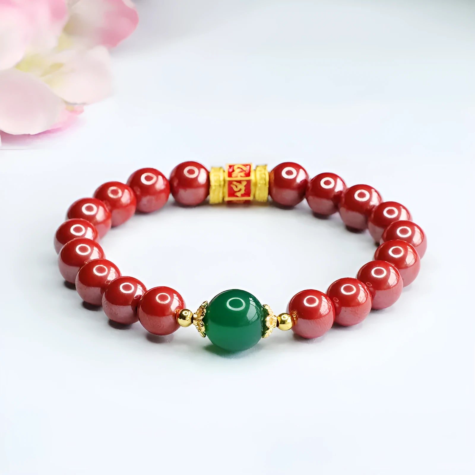 Emperor sandstone cinnabar bracelet with six-word motto engraving showing electroplated finish