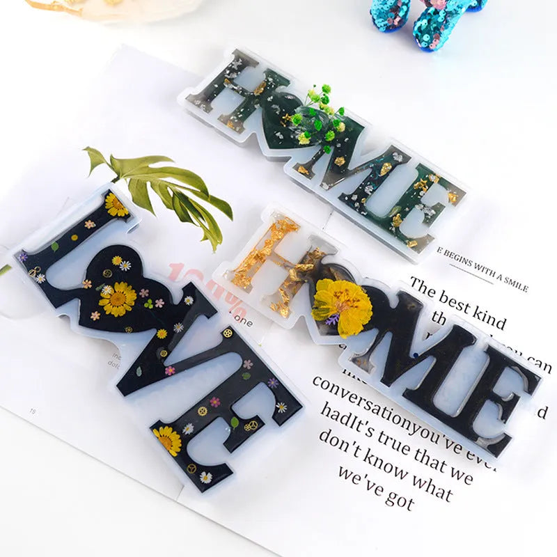Silicone epoxy mould showing English alphabet letters and love, home, family word designs for resin jewellery making