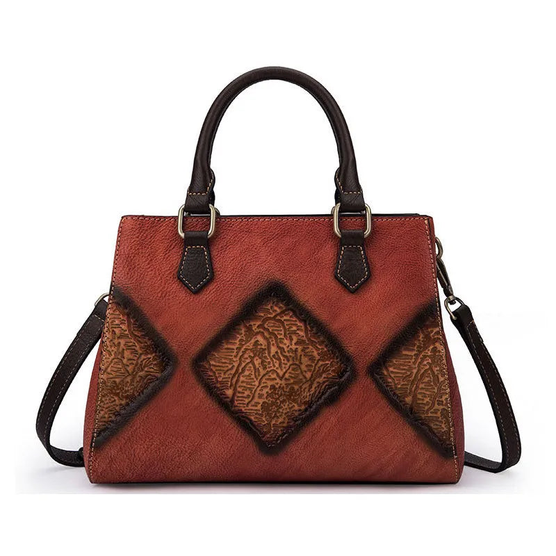 Top layer cowhide retro European women's messenger bag with plaid finish and soft handle in vintage brown