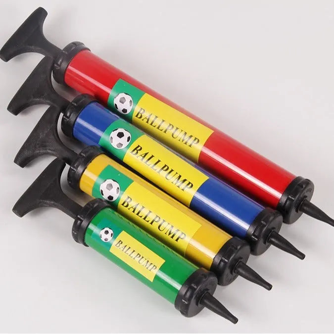 A plastic manual hand pump for inflating sports balls and balloons, shown in a mixed colour.