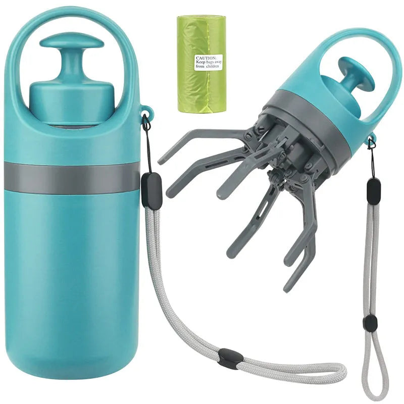 Blue portable dog pooper scooper with eight-claw shovel and built-in bag dispenser