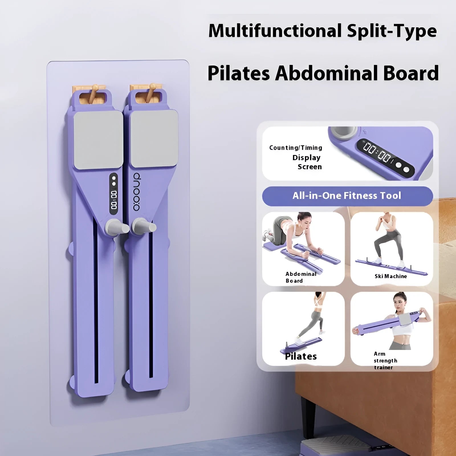 A purple split-design skiing machine trainer, an 85cm long board for home cardio exercise.