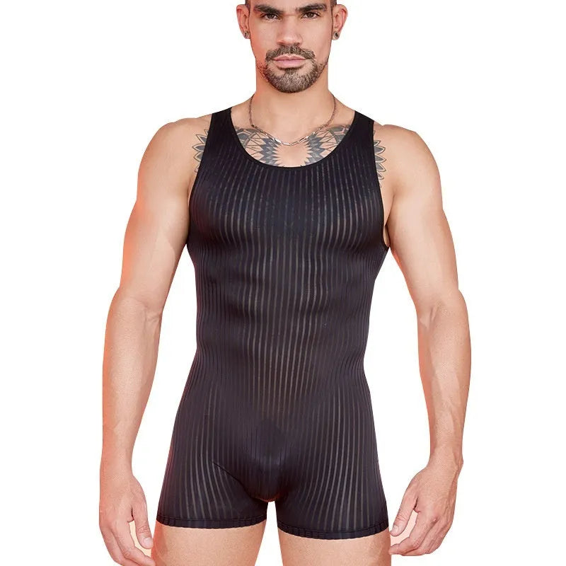 Men's lightweight striped nylon jumpsuit shown in black, dark grey, and white colour options.