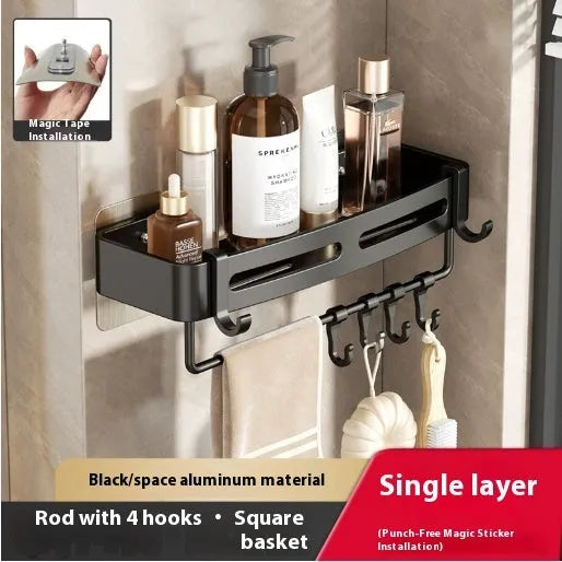 Gun grey triangle-shaped bathroom shelf with adhesive wall mount and optional towel rod.