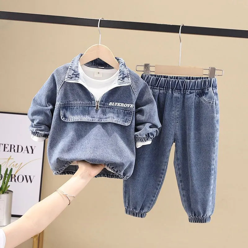 Boys' black denim two-piece suit set with long sleeves and coordinated trousers