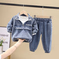 Boys' black denim two-piece suit set with long sleeves and coordinated trousers
