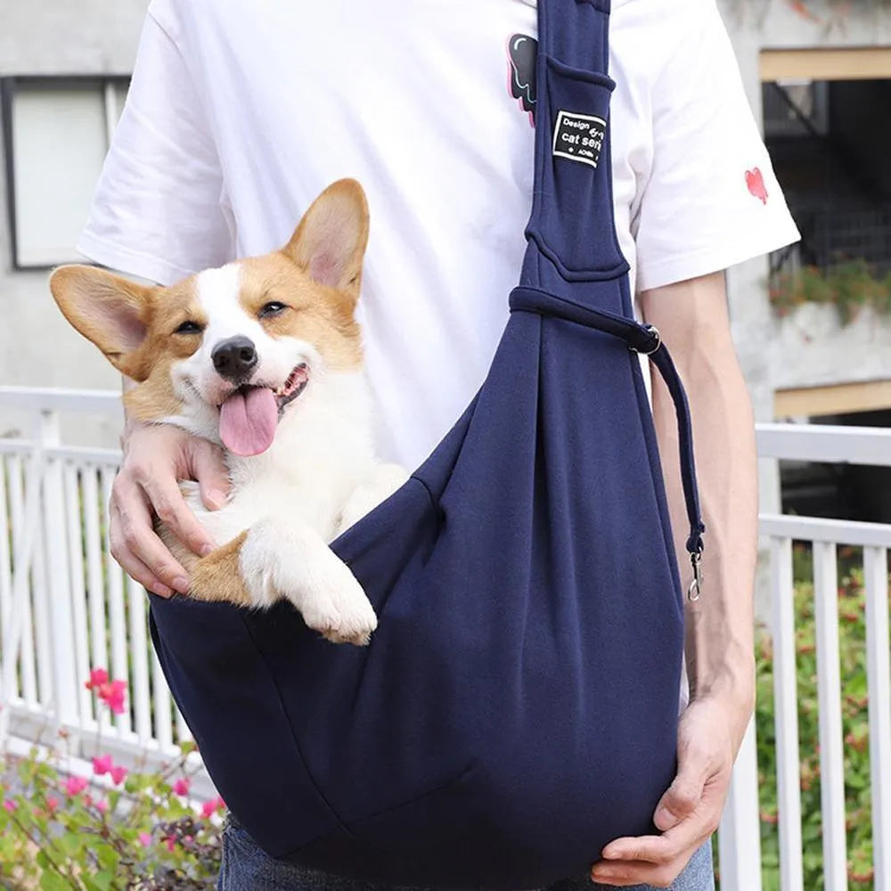 Pet dog travel sling carrier in light grey polyester with phone pocket, suitable for small pets up to 10 jin