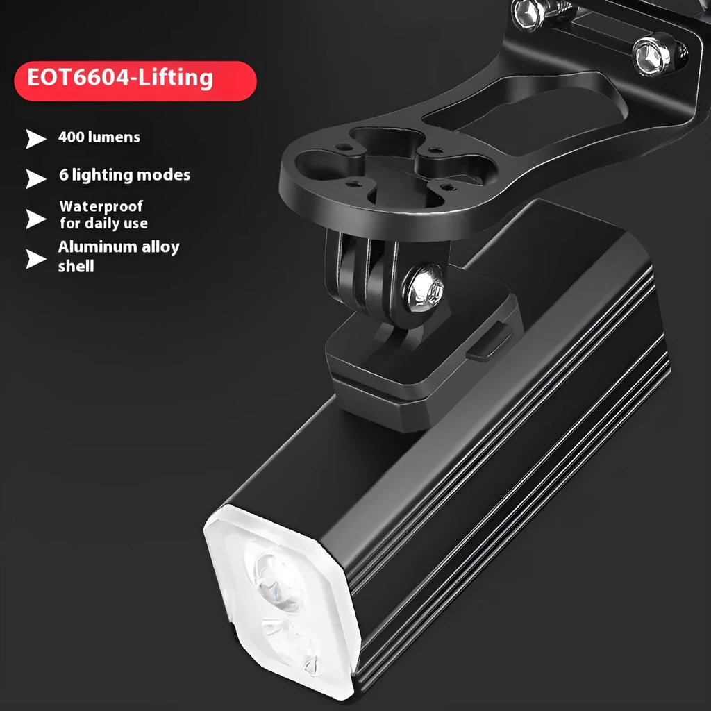 Aluminium alloy mountain bike front light with silicone mount bracket on handlebars