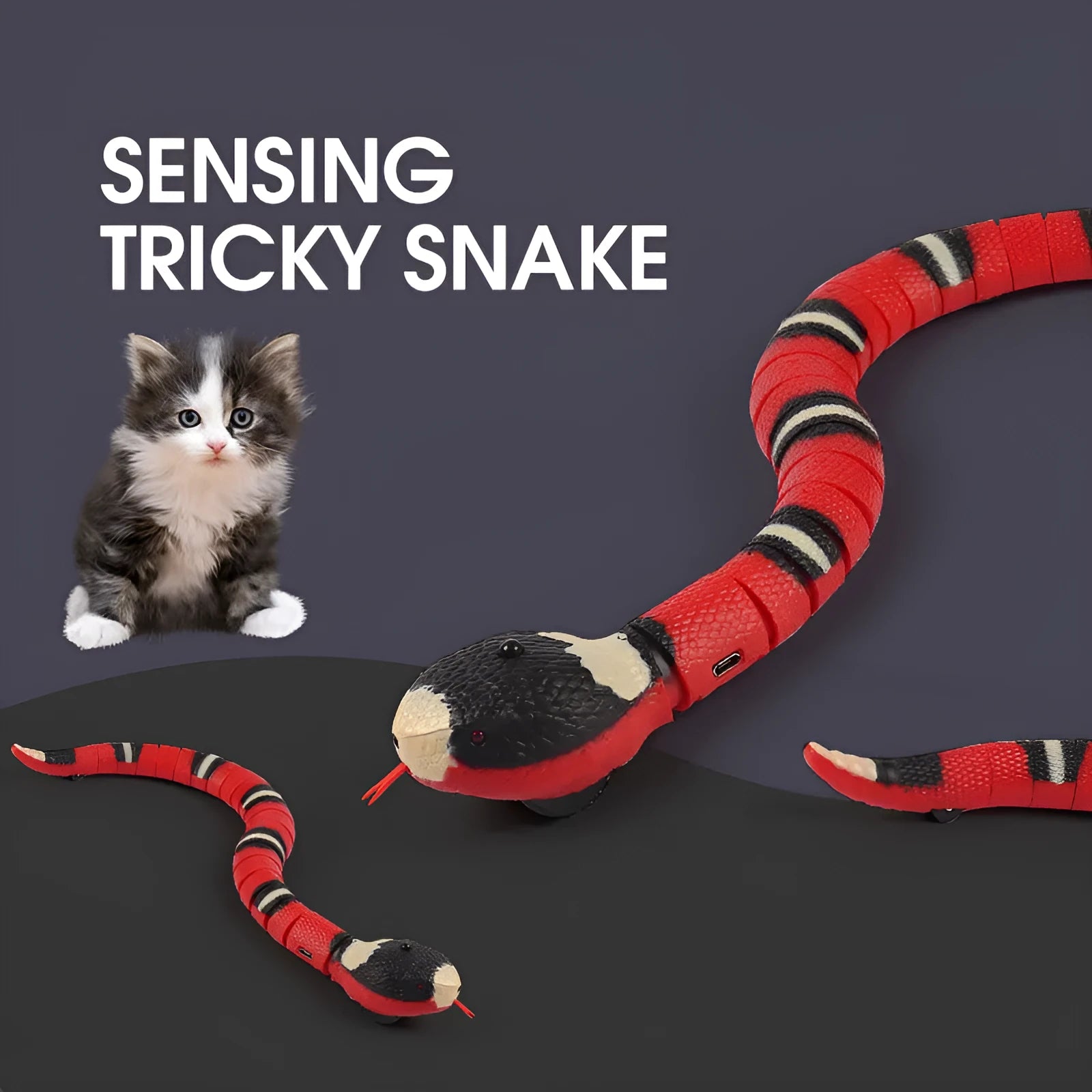 USB rechargeable automatic electronic snake toy for cats with segmented plastic body.