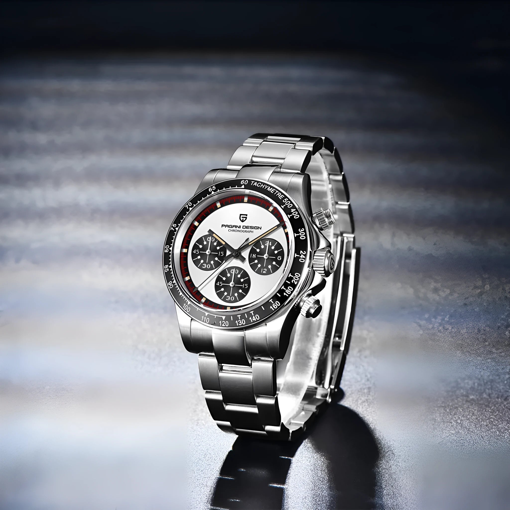 Berjani men's chronograph watch with stainless steel case and bracelet, black dial option