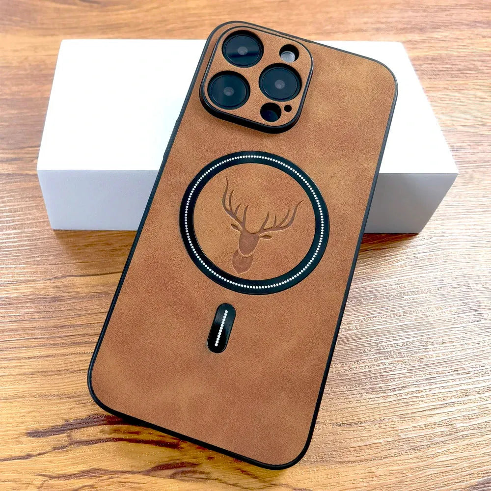 Magnetic sheepskin pattern imitation leather iPhone case in black, shockproof soft shell with anti-fingerprint and heat dissipation functions.