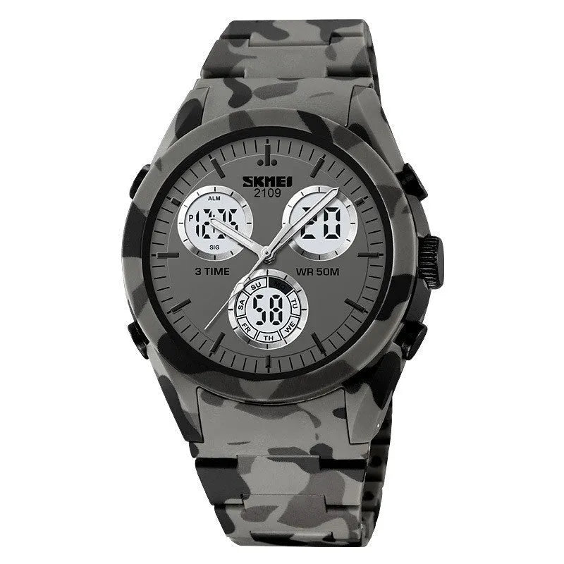 Electronic casual watch with digital display on a camouflage TPU strap, showing time and date.