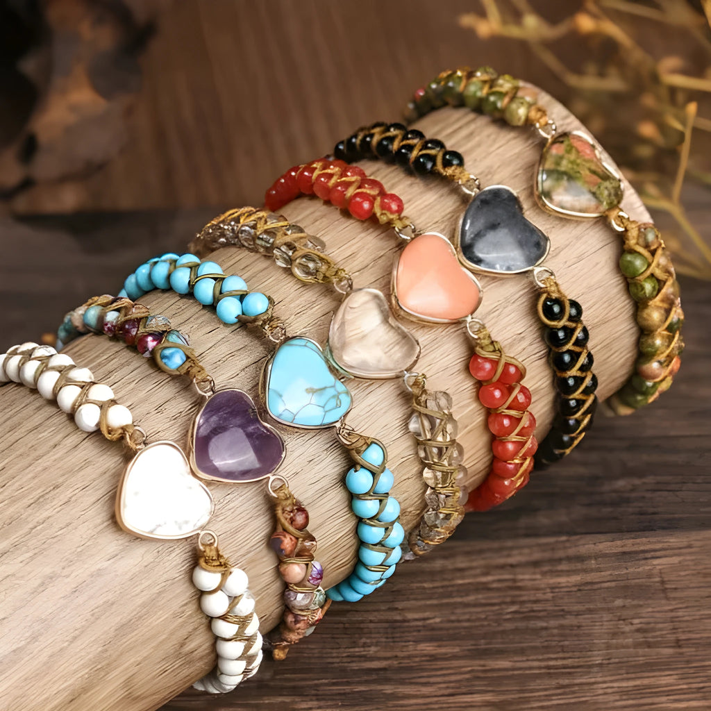 Natural stone bracelet with lapis lazuli pattern, double-row braided cord, large white crystal heart bead over 20mm, stainless steel accessory