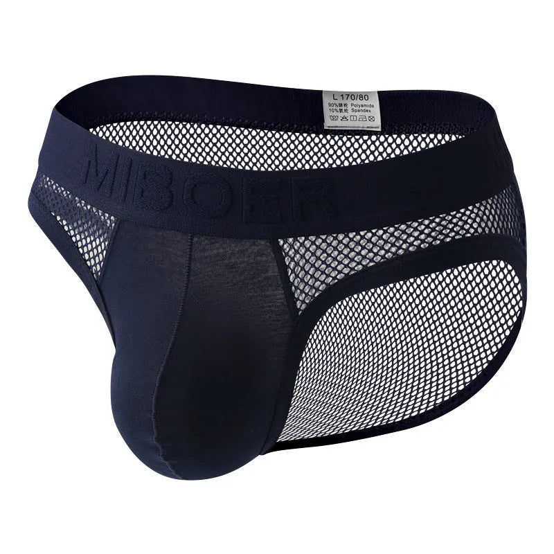 Men's low-waist solid colour briefs in high elastic mesh fabric, shown in multiple colours.