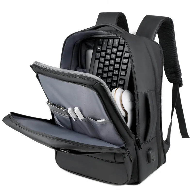 Men's large capacity waterproof Oxford cloth business backpack with curved shoulder straps in black