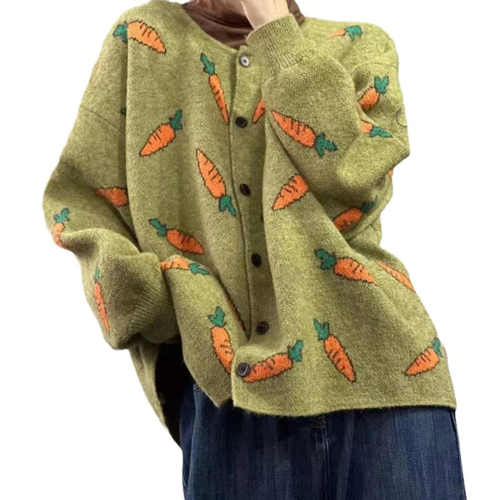 Grey loose cardigan with colourful Mori artistic printing and a round neck.