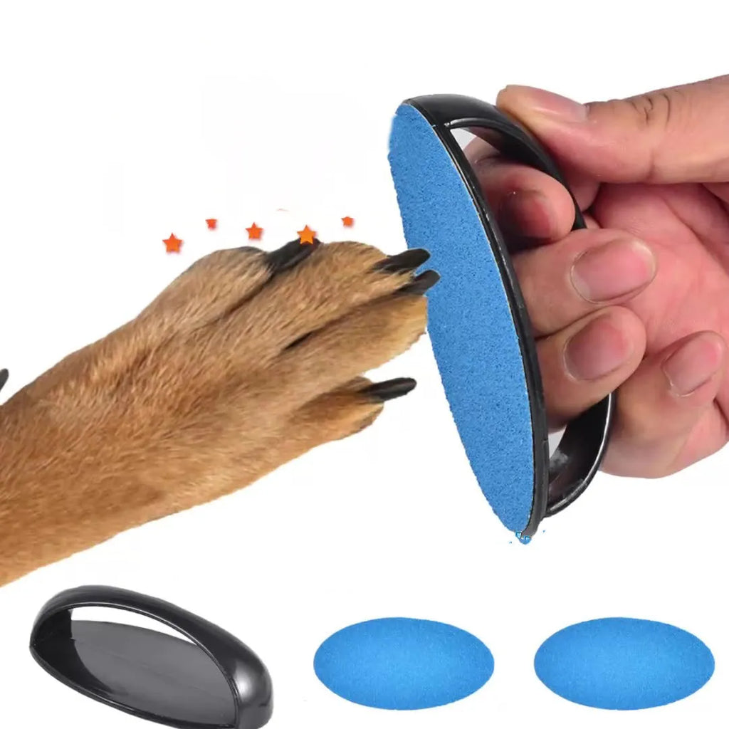 Square dog nail scratch board with ergonomic handle in choice of colours: black, blue, green, or yellow.
