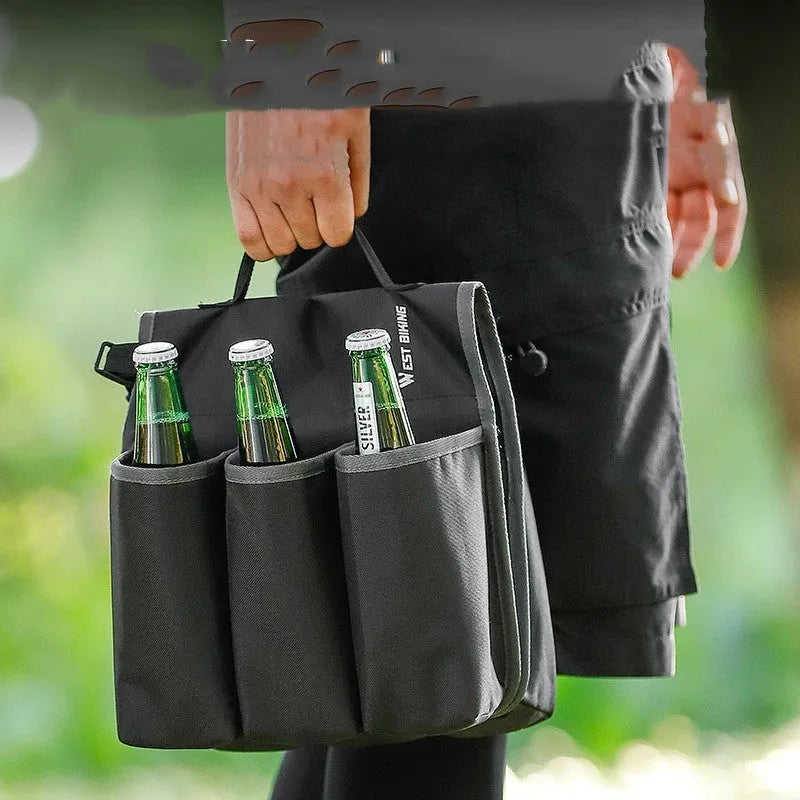 Black and blue orange double-sided bicycle drink shelf bag mounted on handlebars.