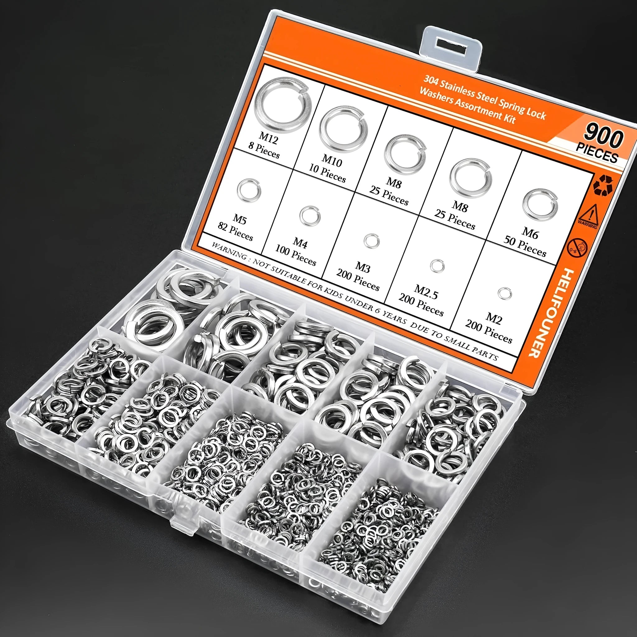 Open box showing assortment of small, shiny 304 stainless steel spring lock washers in various sizes.