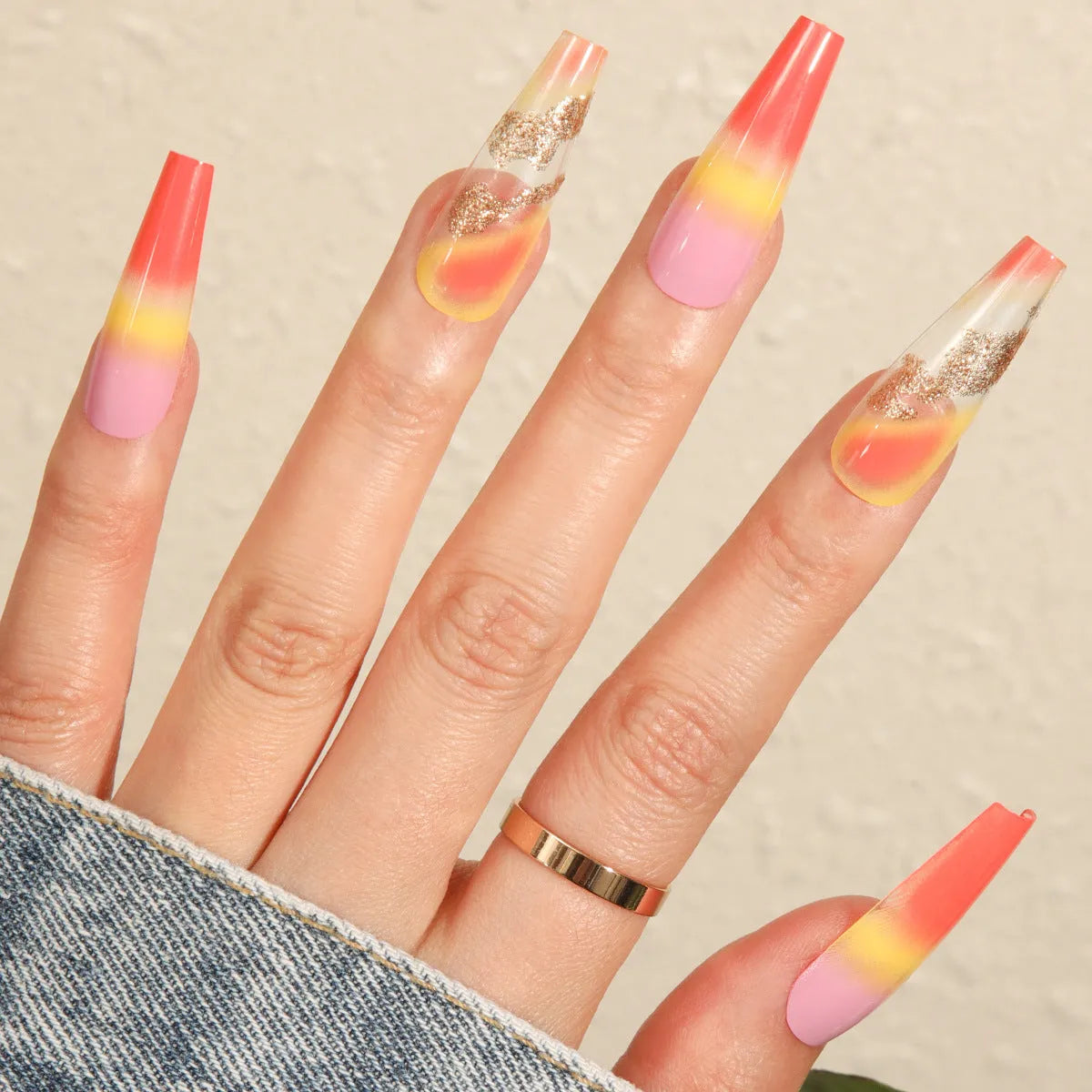 Rainbow gradient fake nails long pointed marble pattern 24 pieces with glue
