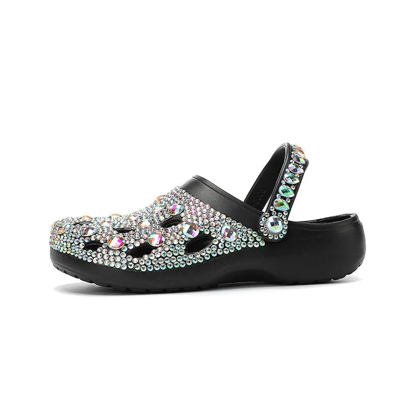 Black platform sandals with rhinestone decoration and hole design across EVA upper