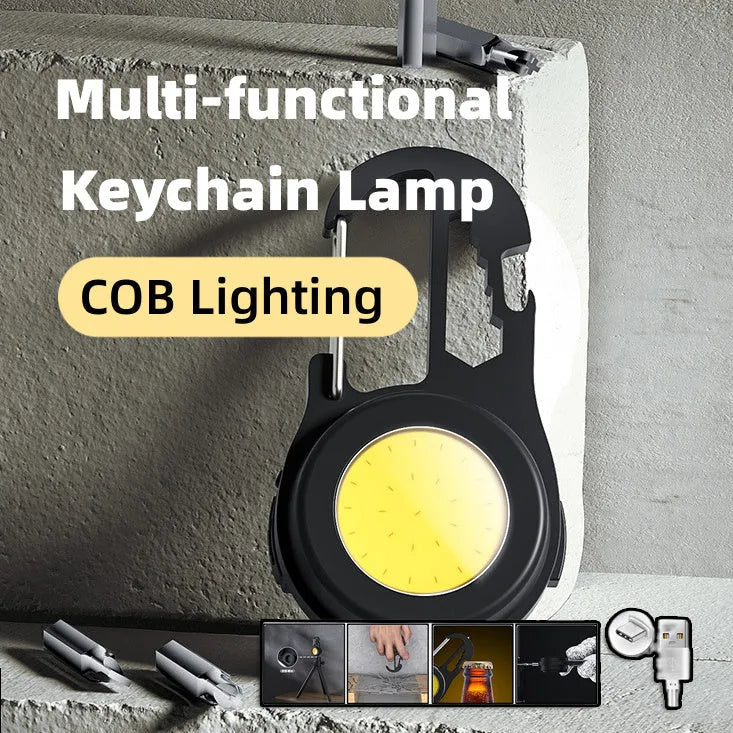 6 IN 1 mini keychain lamp with COB light, magnetic base, and bottle opener in aluminium alloy