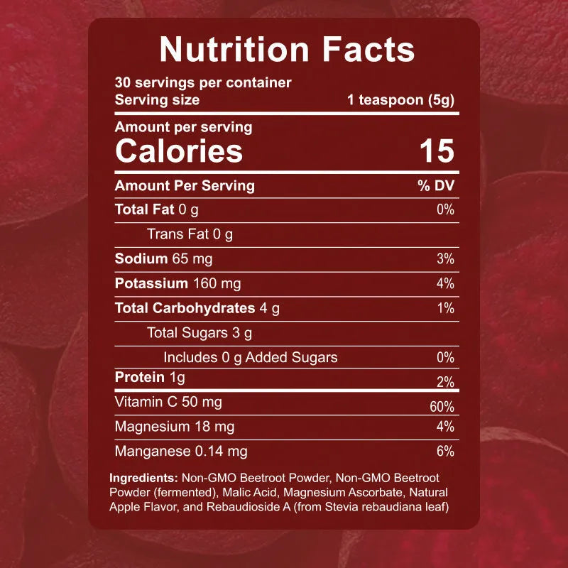 150g jar of apple-flavoured beetroot powder drink mix with vitamin C, magnesium, and potassium
