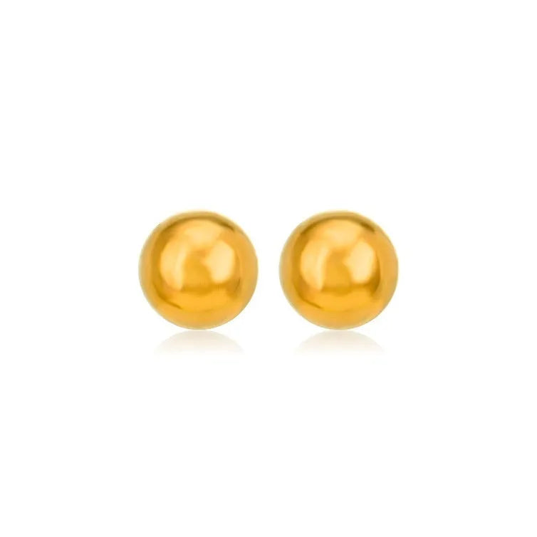 Close-up of a small spherical stainless steel stud earring with a polished electroplated finish on a grey background.