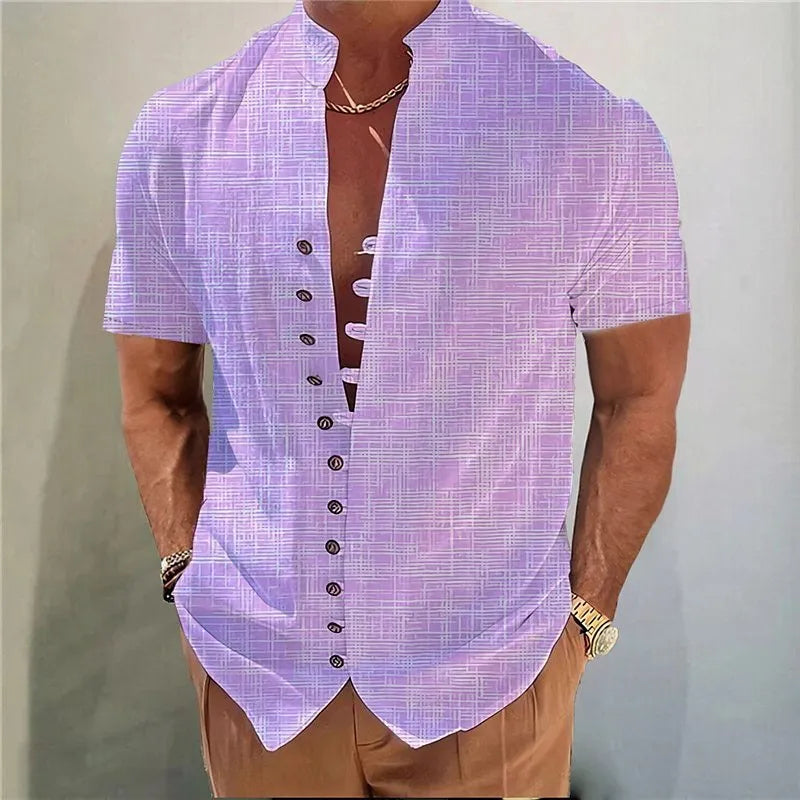 Youth wearing a short sleeve geometric floral print shirt in a cardigan style, available in multiple colours and extended sizes.