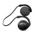 On-ear wireless sports Bluetooth headset in black with earring-style design, sponge ear caps and charging cable