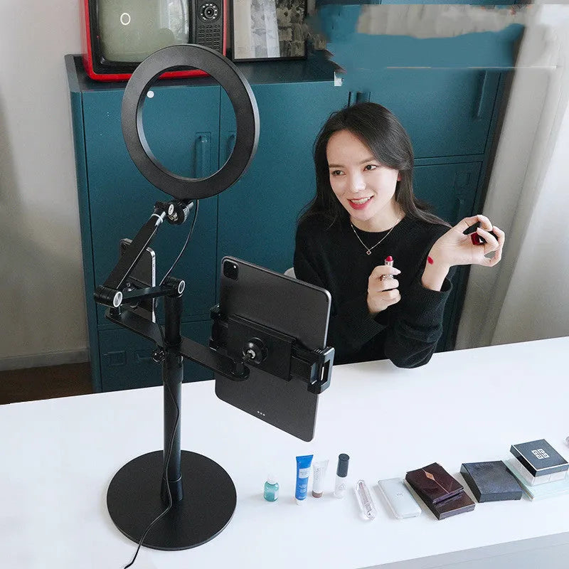 Black aluminium alloy mobile phone tablet stand with built-in fill light for vertical floor shooting
