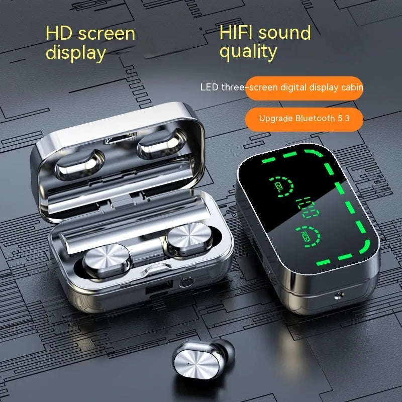 YD05 TWS Bluetooth headset mirror large screen digital display sports earbuds in black with charging compartment
