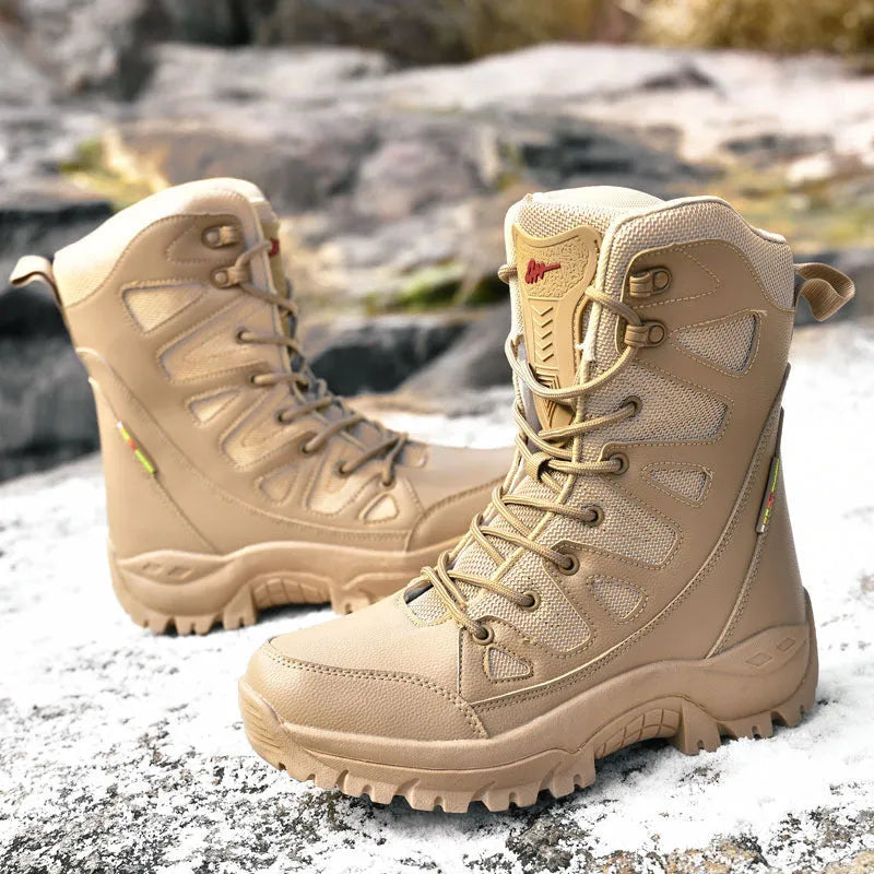 Cowhide leather hi-top hiking shoes in black brown beige colours for outdoor activities