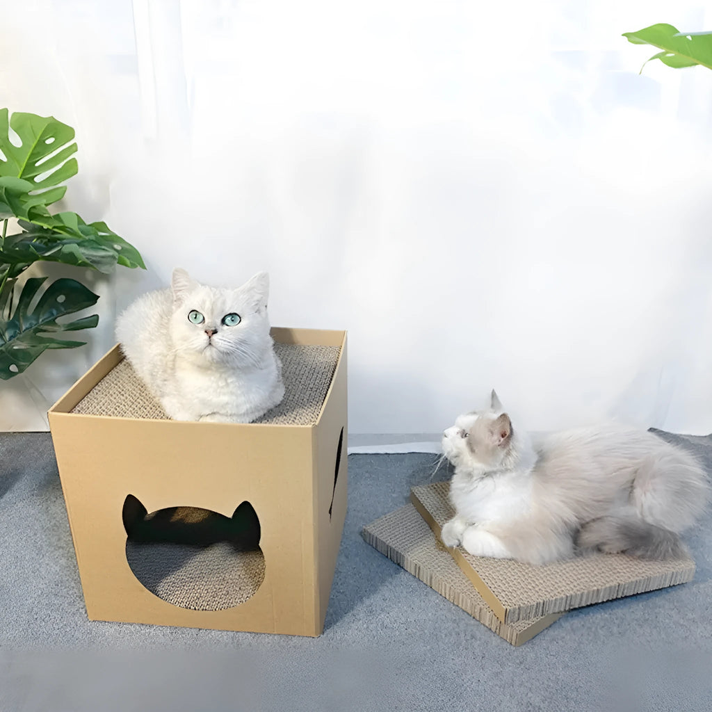Vertical corrugated paper cat scratch board in pet milk carton design measuring 30cm cube