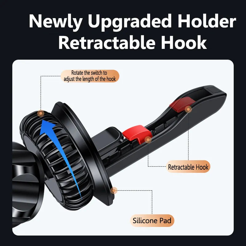 Magnetic car air vent phone holder with alloy bracket in silver colour showing 360-degree rotation adjustment