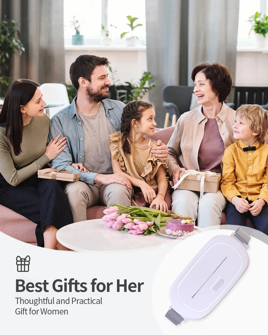 White rechargeable uterine warming device with remote control for postpartum and menstrual pain relief.