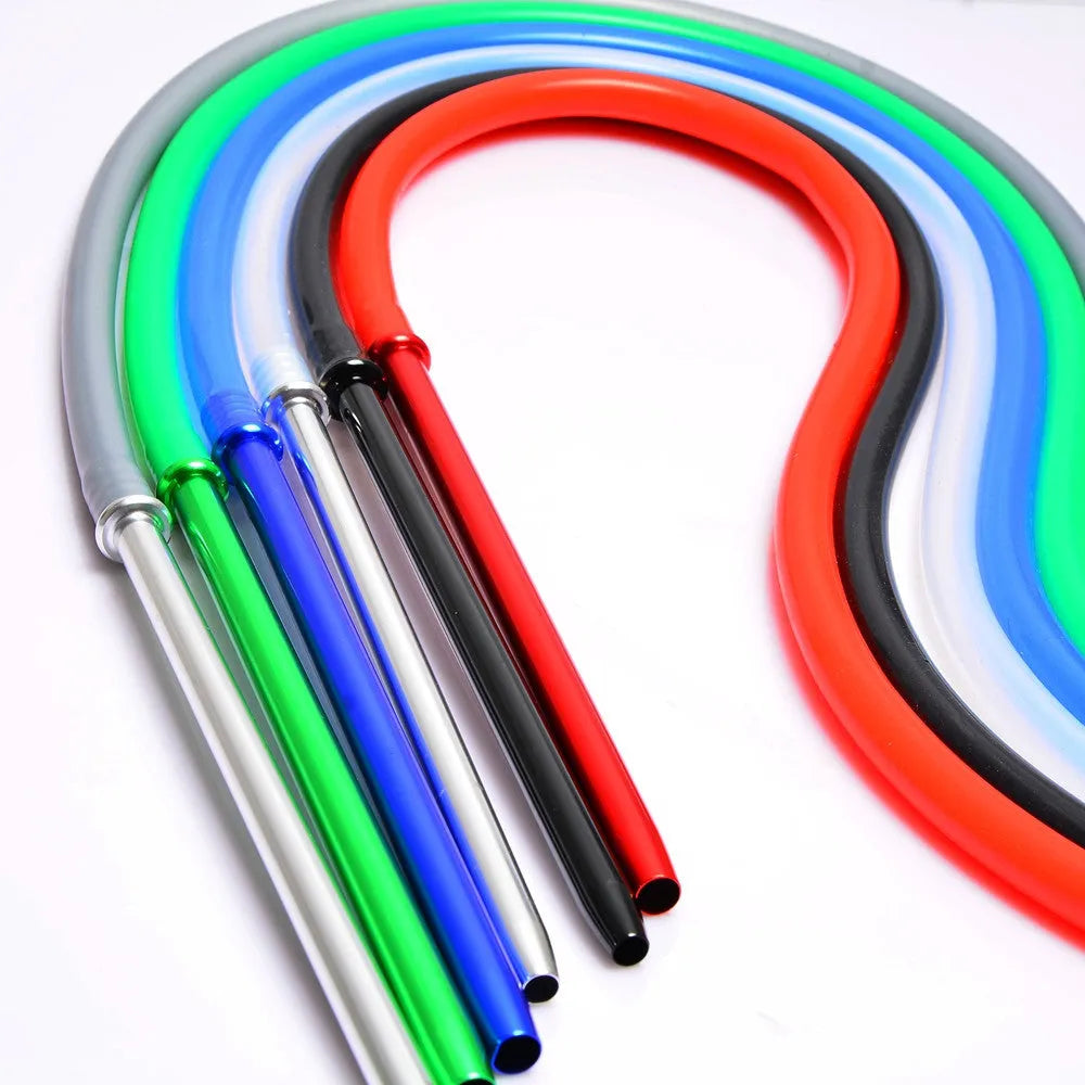 Silicone hookah hose with metallic ends in red, blue, green, black, silver grey, and clear colour options.
