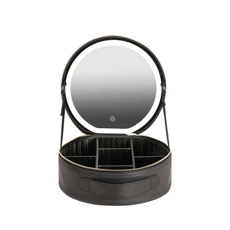 Round cherry blossom pink PU leather makeup bag with built-in LED mirror and internal partitions.
